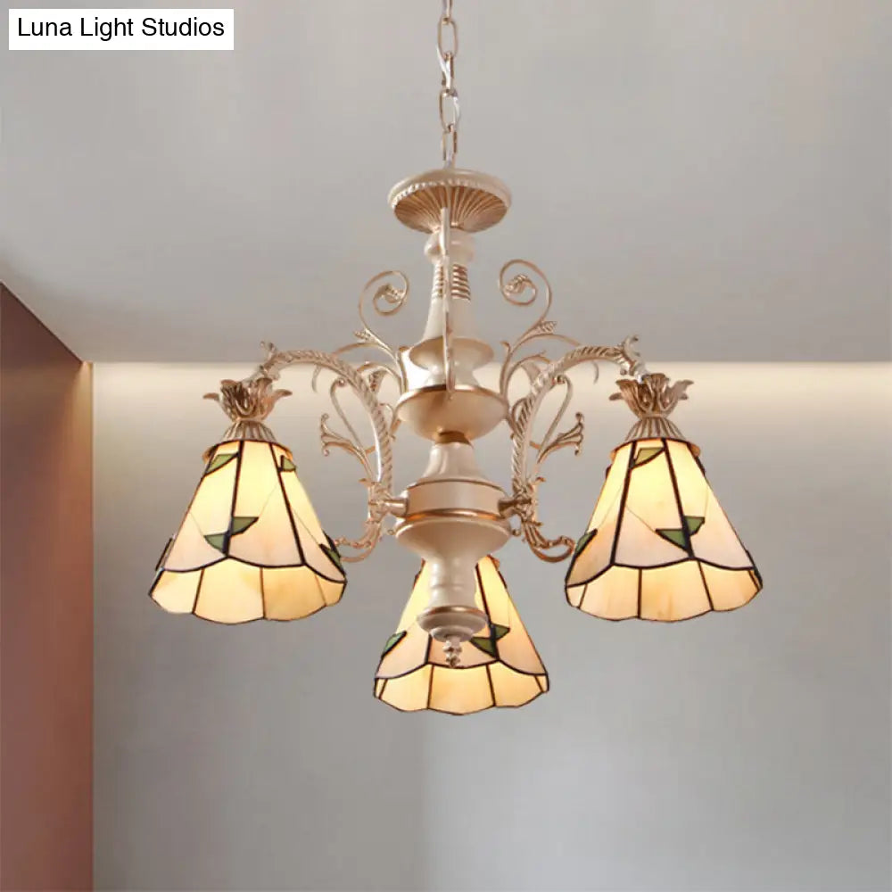 Mission White Stained Glass Leaf Pattern Pendant Chandelier - 3/5-Light Conic Design 3 /