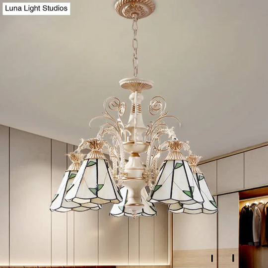 Mission White Stained Glass Leaf Patterned Pendant Chandelier - 3/5-Light Conic Ceiling Hang Fixture