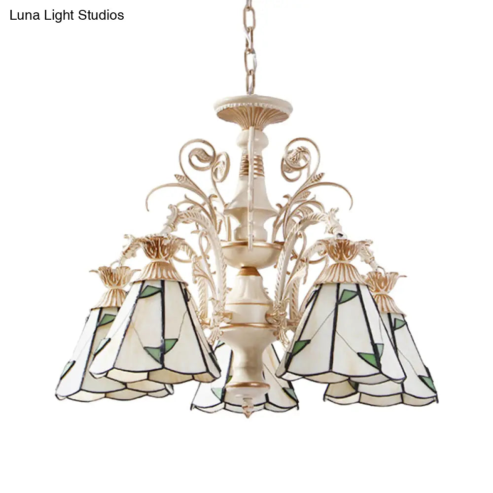 Mission White Stained Glass Leaf Patterned Pendant Chandelier - 3/5-Light Conic Ceiling Hang Fixture