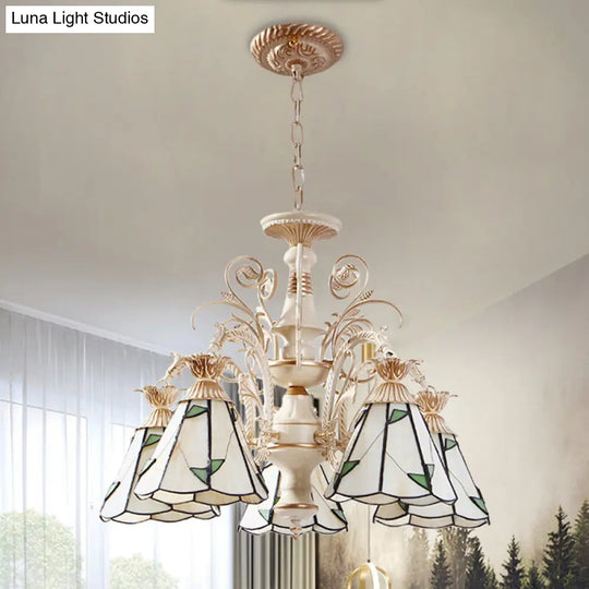 Mission White Stained Glass Leaf Pattern Pendant Chandelier - 3/5-Light Conic Design 5 /