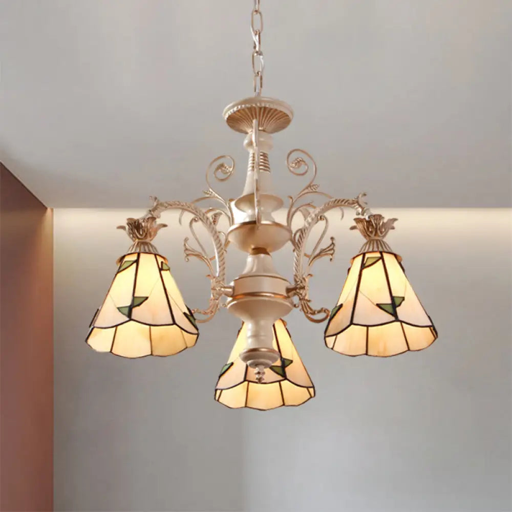 Mission White Stained Glass Leaf Patterned Pendant Chandelier - 3/5-Light Conic Ceiling Hang