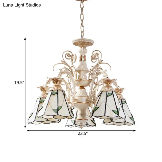 Mission White Stained Glass Leaf Pattern Pendant Chandelier - 3/5-Light Conic Design