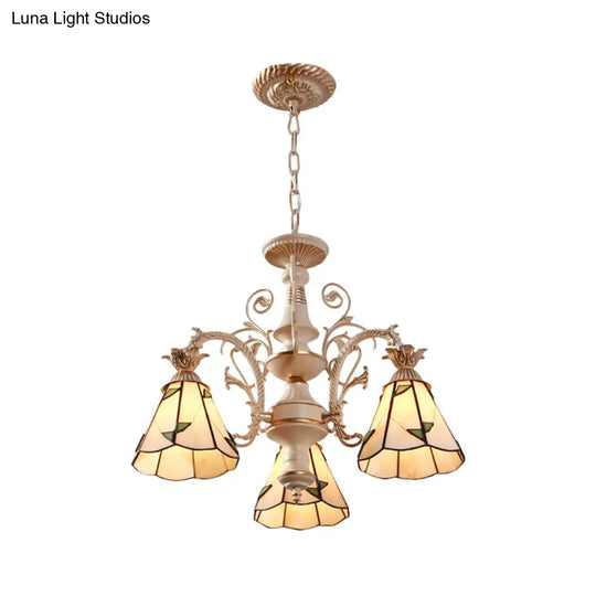 Mission White Stained Glass Leaf Patterned Pendant Chandelier - 3/5-Light Conic Ceiling Hang Fixture