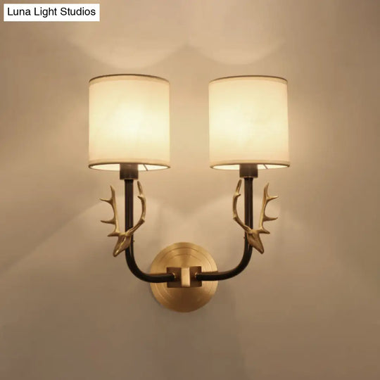 Modern 1/2 Lights Wall Sconce With Fabric Shade - Black/Gold Cylinder Mount Fixture Featuring Metal