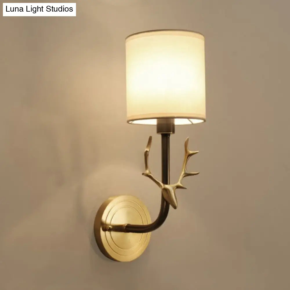 Modern 1/2 Lights Wall Sconce With Fabric Shade - Black/Gold Cylinder Mount Fixture Featuring Metal