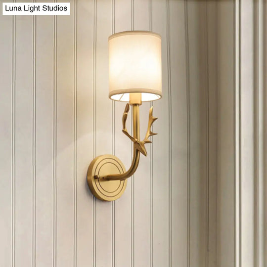 Modern 1/2 Lights Wall Sconce With Fabric Shade - Black/Gold Cylinder Mount Fixture Featuring Metal