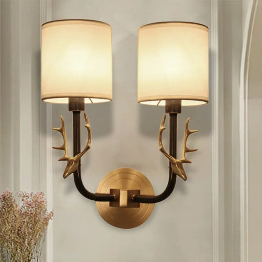 Modern 1/2 Lights Wall Sconce With Fabric Shade - Black/Gold Cylinder Mount Fixture Featuring Metal