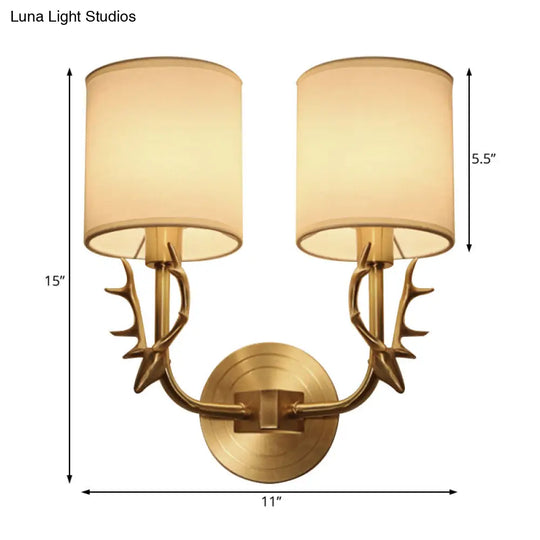 Modern 1/2 Lights Wall Sconce With Fabric Shade - Black/Gold Cylinder Mount Fixture Featuring Metal