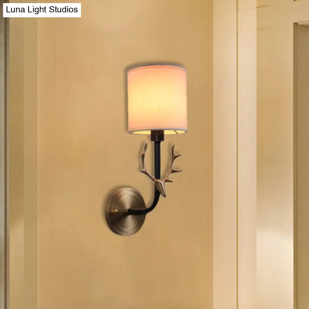 Modern 1/2 Lights Wall Sconce With Fabric Shade - Black/Gold Cylinder Mount Fixture Featuring Metal