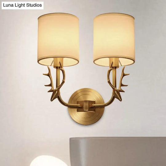 Modern 1/2 Lights Wall Sconce With Fabric Shade - Black/Gold Cylinder Mount Fixture Featuring Metal