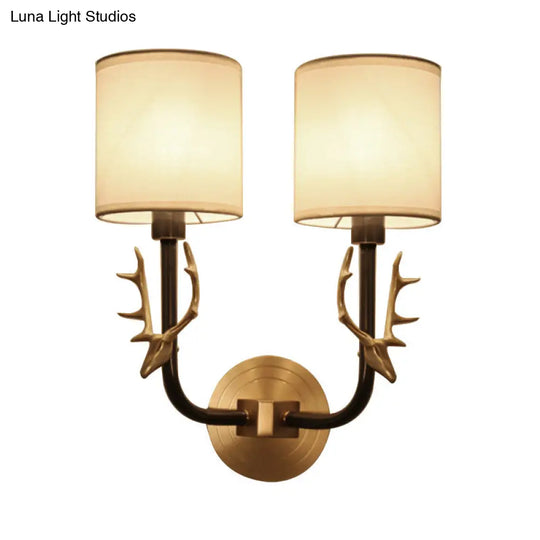 Modern 1/2 Lights Wall Sconce With Fabric Shade - Black/Gold Cylinder Mount Fixture Featuring Metal