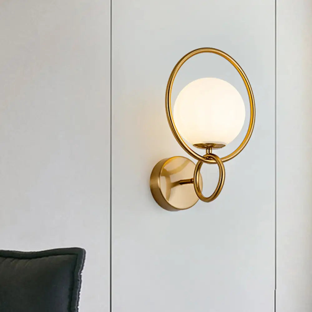 Modern 1-Bulb Brass Finish Wall Lamp With Opal Glass Shade