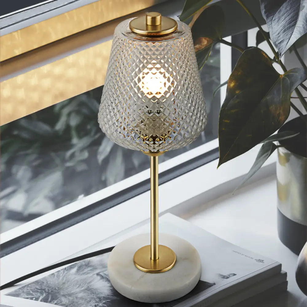 Modern 1-Bulb Gold Table Lamp With Clear Prismatic Glass Shade - 5.5/12 Wide / 5.5