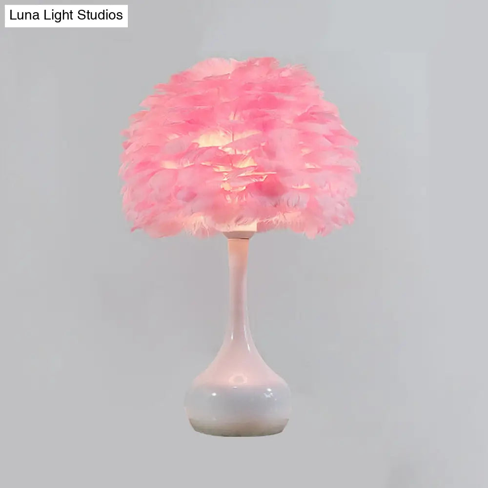 Modern 1-Bulb Goose Feather Night Light Table Lamp - Teardrop Base Natural Grey/White/Pink