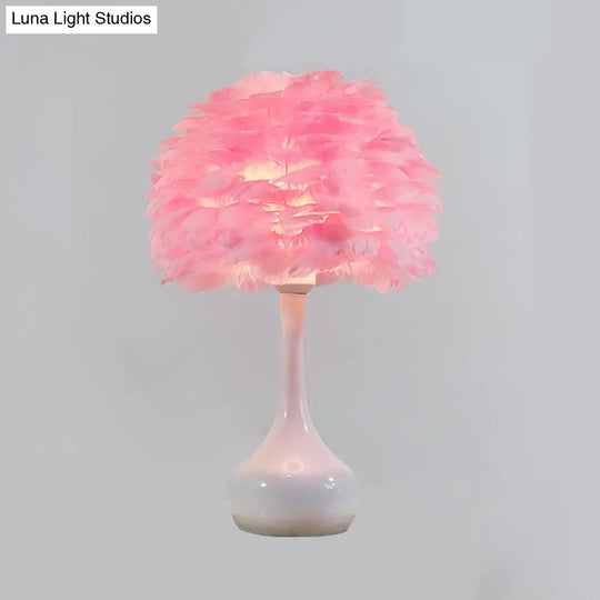 Modern 1-Bulb Goose Feather Night Light Table Lamp - Teardrop Base Natural Grey/White/Pink