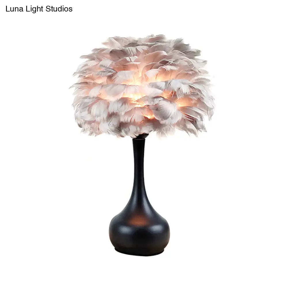 Modern 1-Bulb Goose Feather Night Light Table Lamp - Teardrop Base Natural Grey/White/Pink