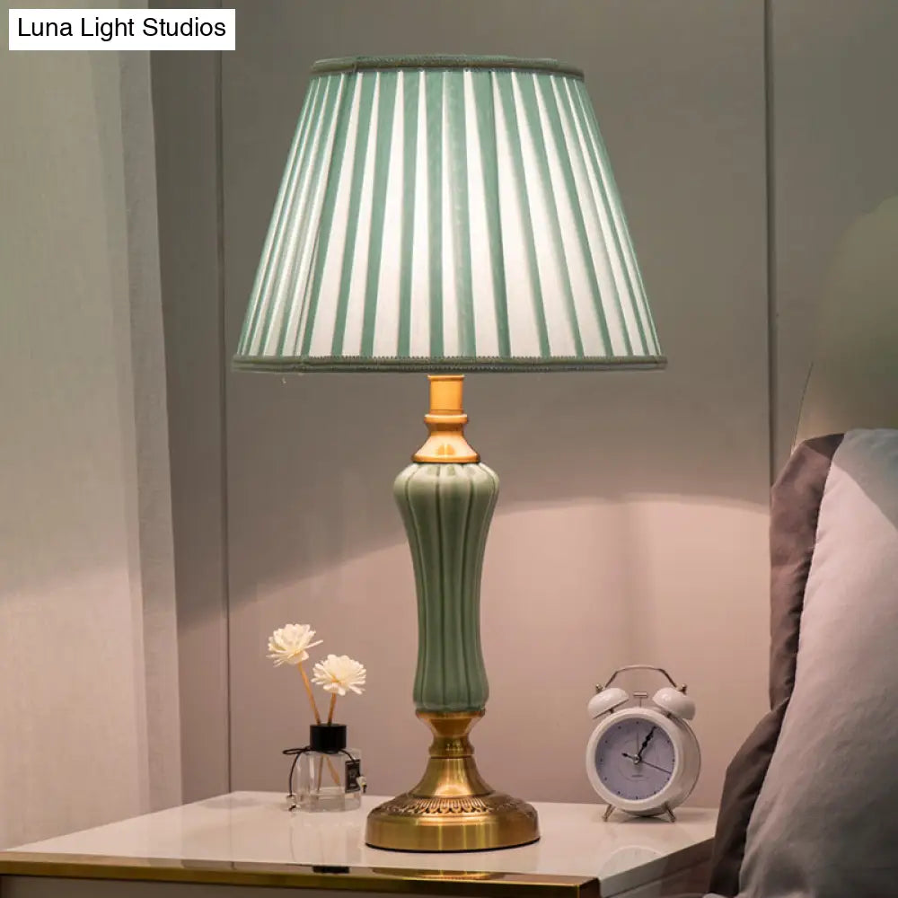 Modern 1-Bulb Green Nightstand Lamp With Empire Shade And Fabric Border