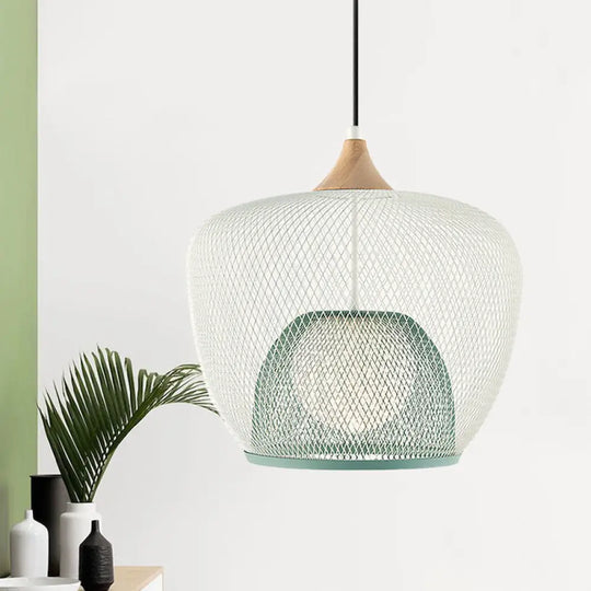 Modern 1 Bulb Pendant Light With Iron Mesh Shade & White/Blue Woven Basket Blue