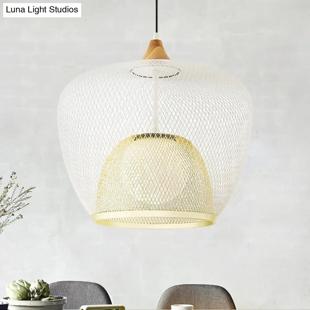 Contemporary 1 Bulb Pendant Ceiling Lamp With White/Blue Woven Iron Mesh Shade