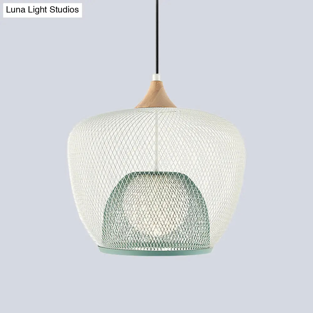 Modern 1 Bulb Pendant Light With Iron Mesh Shade & White/Blue Woven Basket