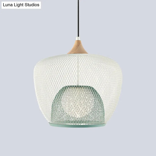 Modern 1 Bulb Pendant Light With Iron Mesh Shade & White/Blue Woven Basket