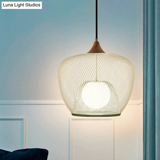 Modern 1 Bulb Pendant Light With Iron Mesh Shade & White/Blue Woven Basket