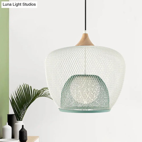 Contemporary 1 Bulb Pendant Ceiling Lamp With White/Blue Woven Iron Mesh Shade Blue