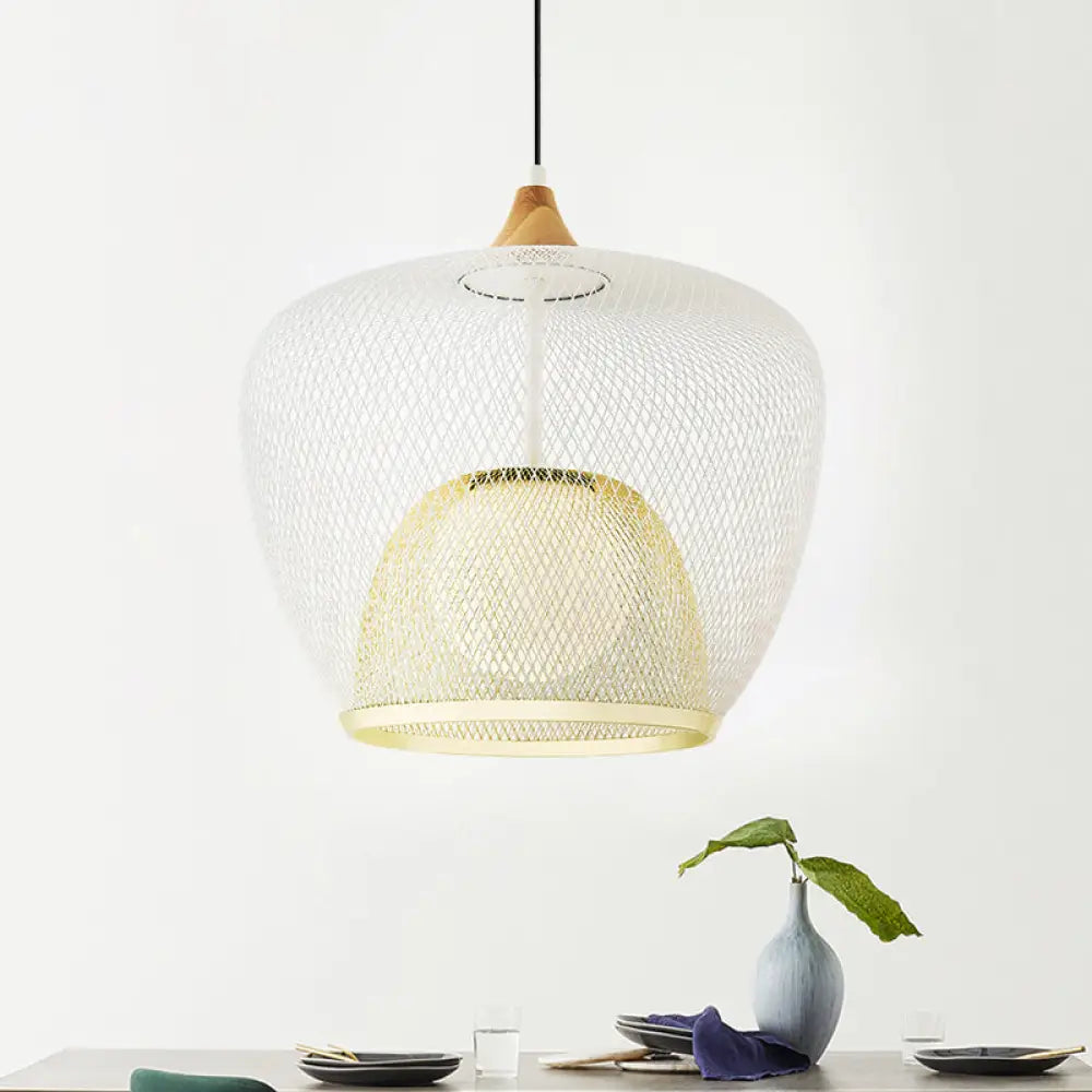 Modern 1 Bulb Pendant Light With Iron Mesh Shade & White/Blue Woven Basket White