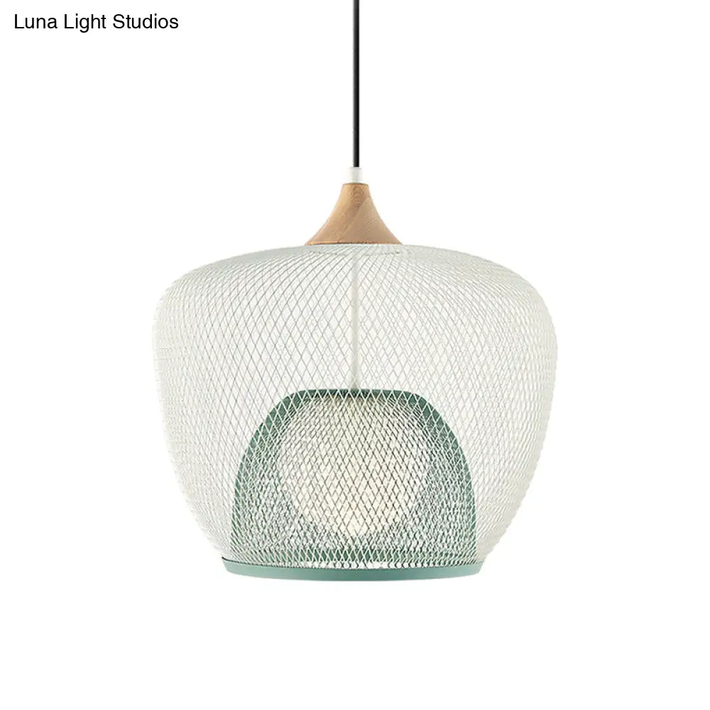 Modern 1 Bulb Pendant Light With Iron Mesh Shade & White/Blue Woven Basket