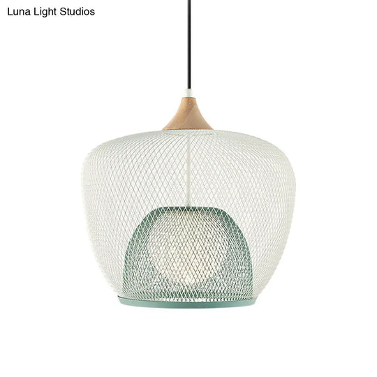 Modern 1 Bulb Pendant Light With Iron Mesh Shade & White/Blue Woven Basket