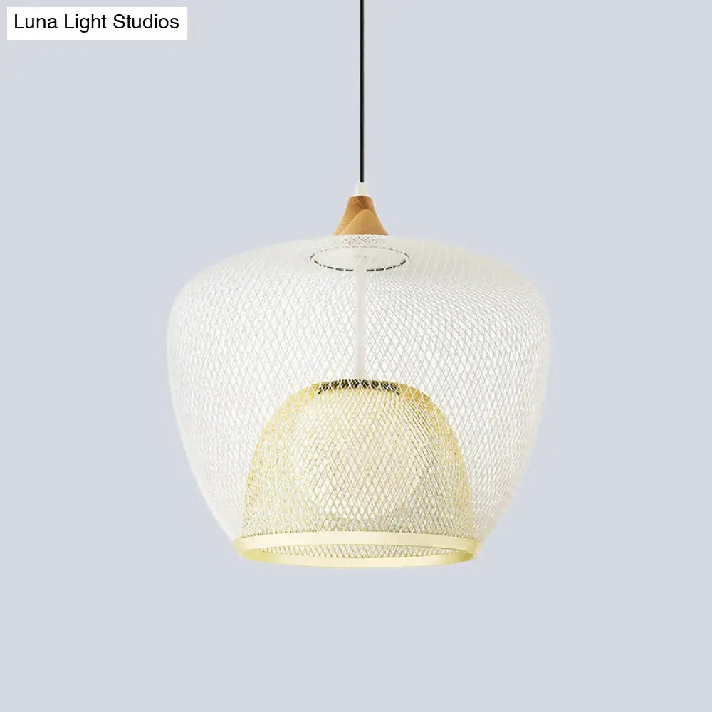 Modern 1 Bulb Pendant Light With Iron Mesh Shade & White/Blue Woven Basket