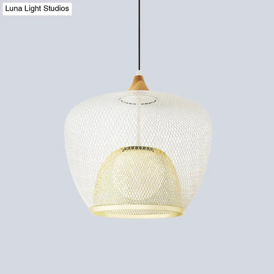 Modern 1 Bulb Pendant Light With Iron Mesh Shade & White/Blue Woven Basket