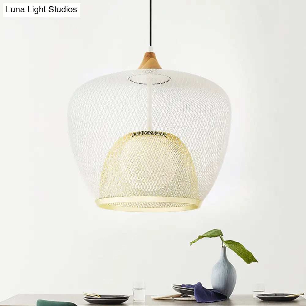 Contemporary 1 Bulb Pendant Ceiling Lamp With White/Blue Woven Iron Mesh Shade White