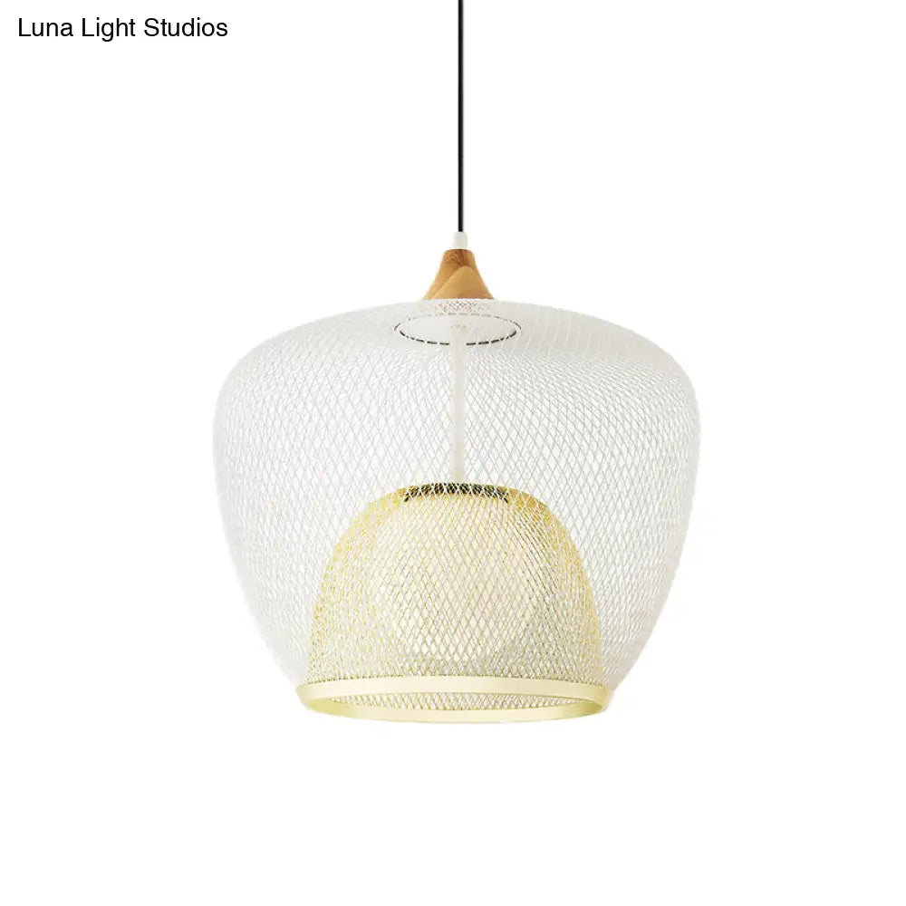 Modern 1 Bulb Pendant Light With Iron Mesh Shade & White/Blue Woven Basket