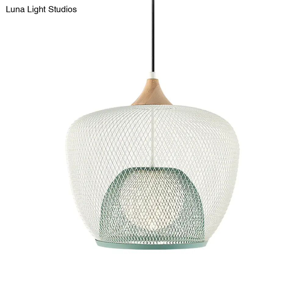 Contemporary 1 Bulb Pendant Ceiling Lamp With White/Blue Woven Iron Mesh Shade