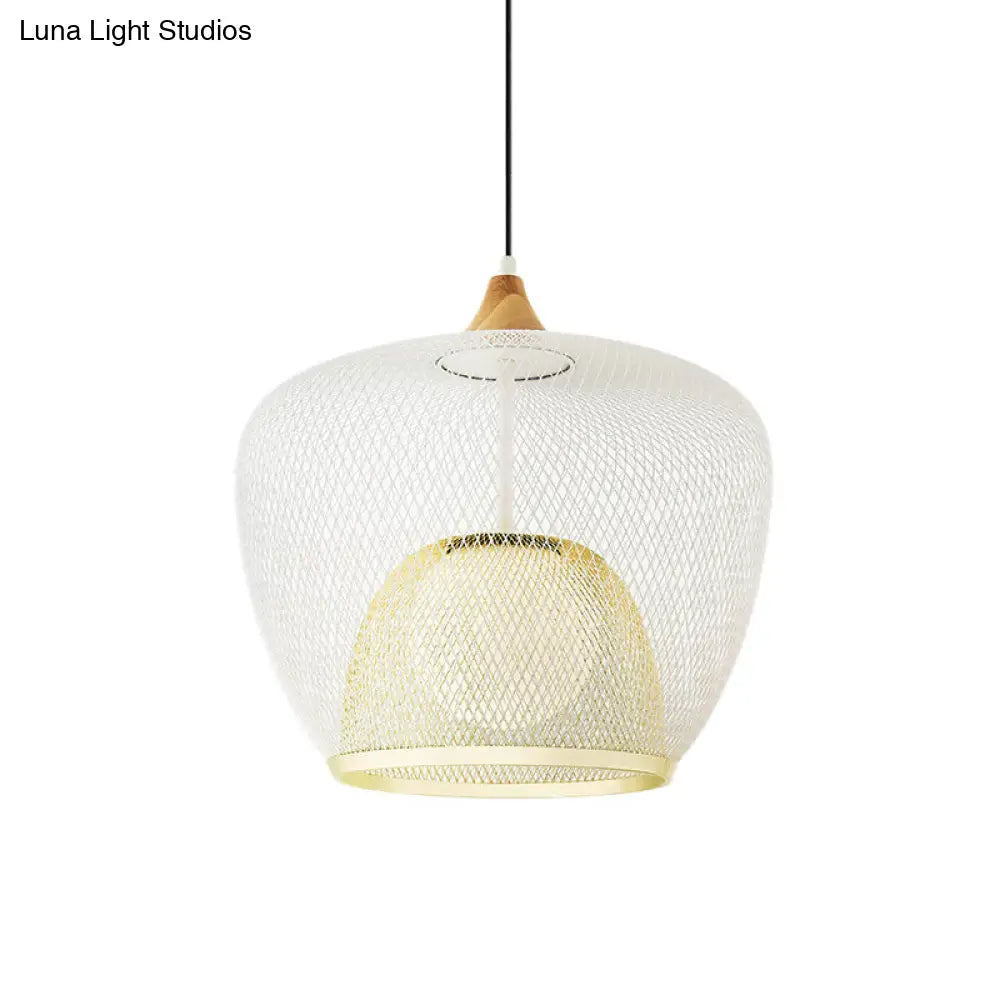 Contemporary 1 Bulb Pendant Ceiling Lamp With White/Blue Woven Iron Mesh Shade