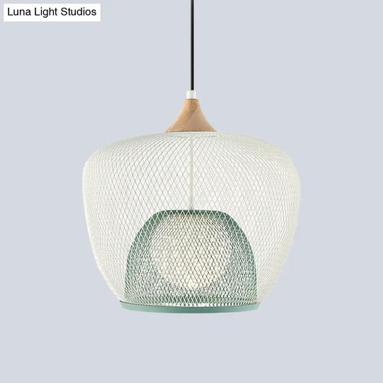 Contemporary 1 Bulb Pendant Ceiling Lamp With White/Blue Woven Iron Mesh Shade