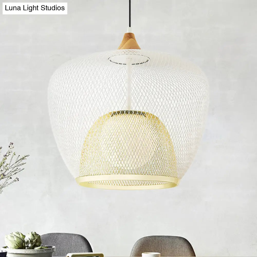 Modern 1 Bulb Pendant Light With Iron Mesh Shade & White/Blue Woven Basket