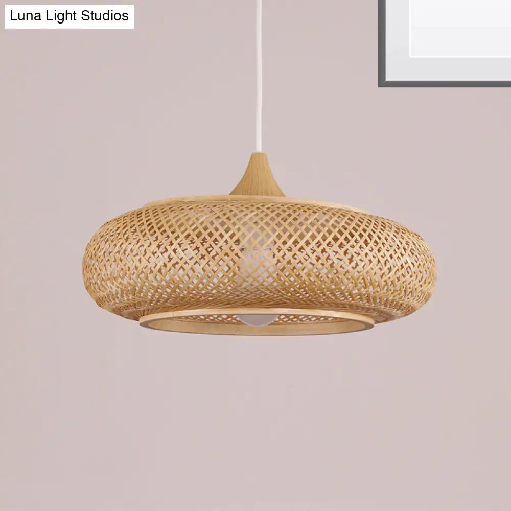 Modern 1-Bulb Wood Pendant Light Fixture With Bamboo Shade - Donut/Hat Hanging Design