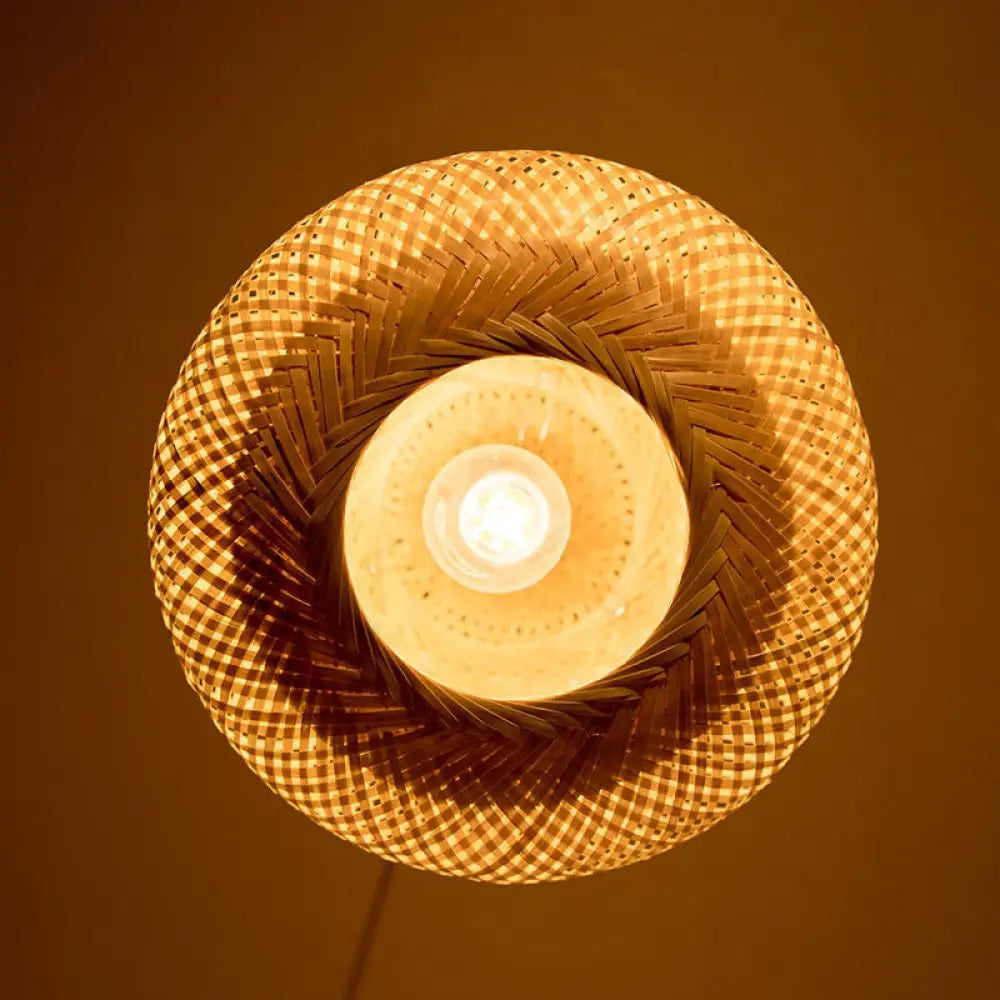 Modern 1-Bulb Wood Pendant Light Fixture With Bamboo Shade - Donut/Hat Hanging Design / A