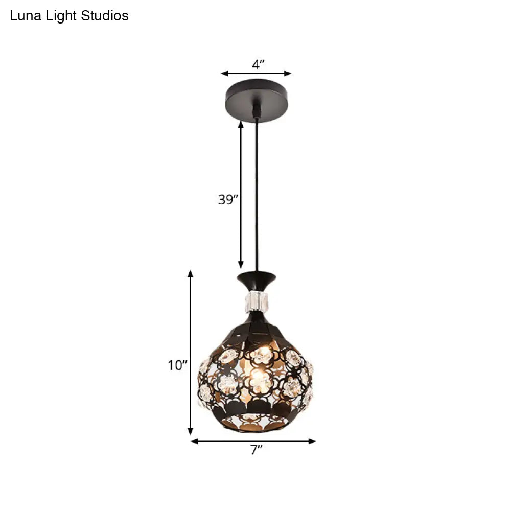 Hollow Flower Iron Suspension Pendant Light - Modern Black Finish With Crystal Accents