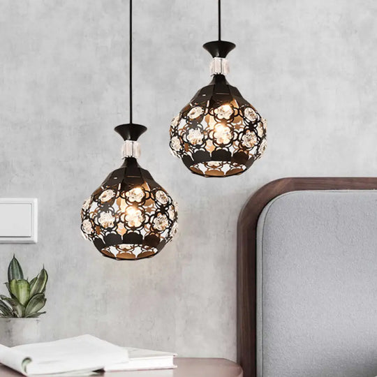 Modern 1-Head Black Iron Suspension Light With Crystal Accent - Hollow Flower Design