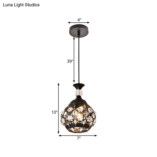 Modern 1-Head Black Iron Suspension Light With Crystal Accent - Hollow Flower Design