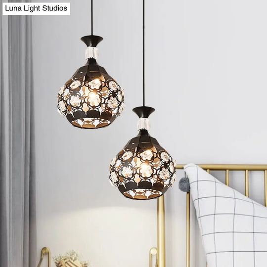 Hollow Flower Iron Suspension Pendant Light - Modern Black Finish With Crystal Accents