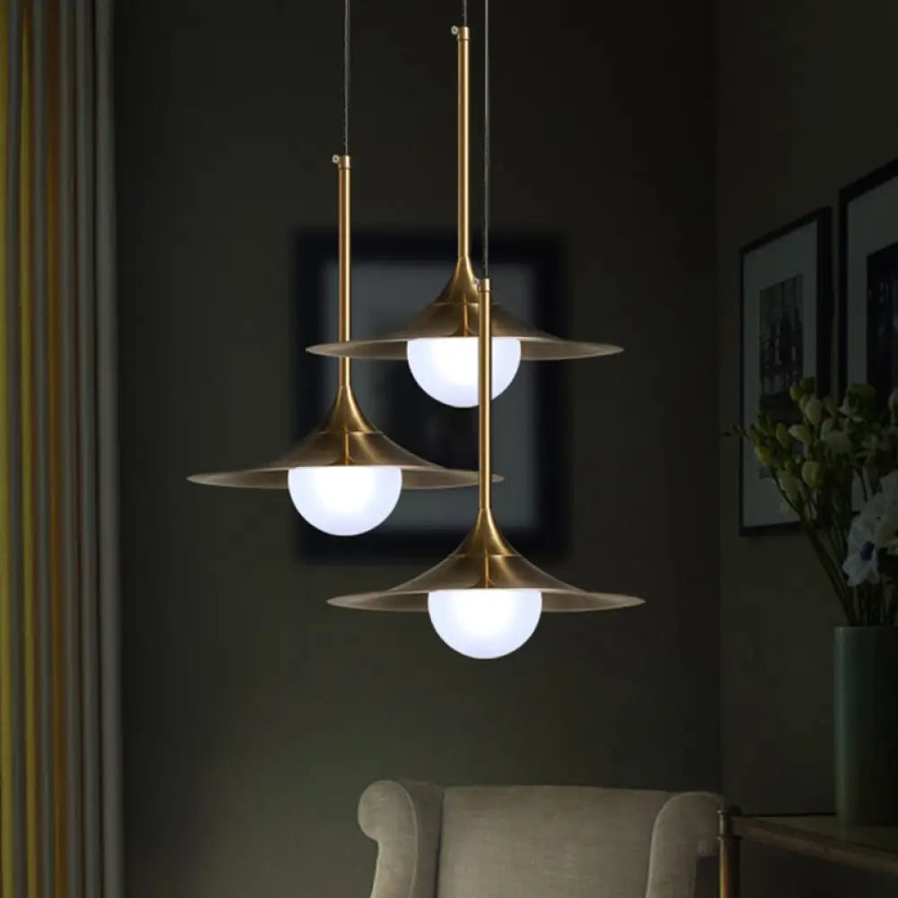 Modern 1-Head Brass Ceiling Lamp With Iron Horn Shape And Glass Shade