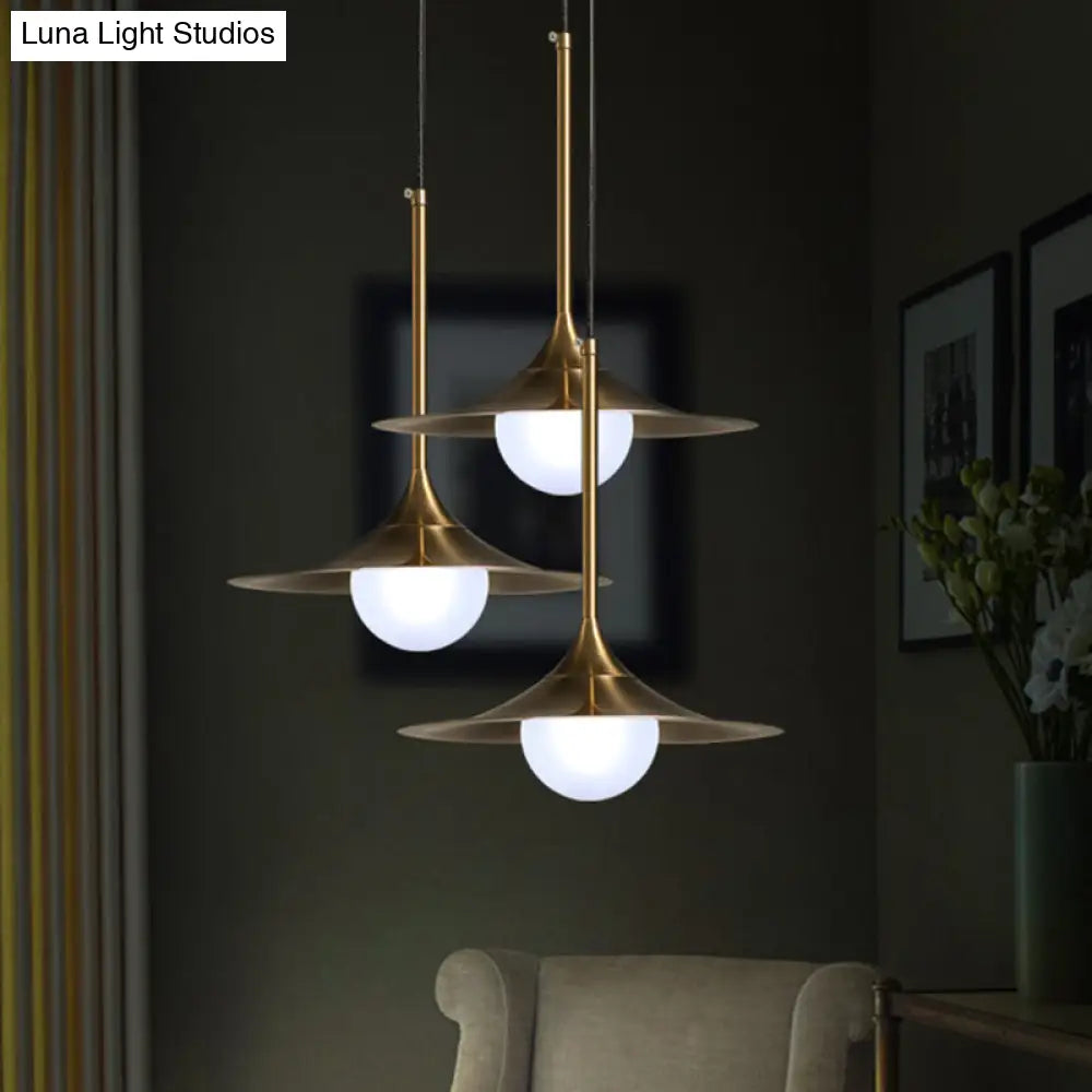 Brass Iron Horn Down Lighting Ceiling Lamp With Milk Glass Shade - Modern 1 Head Fixture