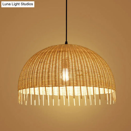 Modern 1-Head Dome Pendant Light With Bamboo Shade Minimalistic Wood Unfinished Look