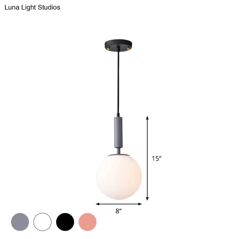 Modern 1-Head Globe Milk Glass Hanging Pendant Light For Study Room In Black/Grey/White