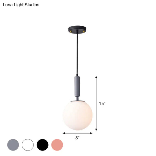 Modern 1-Head Globe Milk Glass Hanging Pendant Light For Study Room In Black/Grey/White