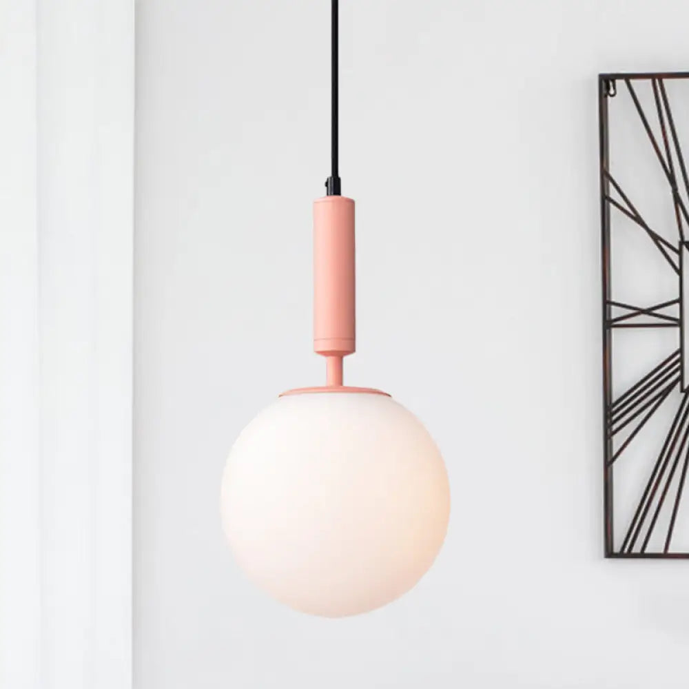 Modern 1-Head Globe Milk Glass Hanging Pendant Light For Study Room In Black/Grey/White Pink